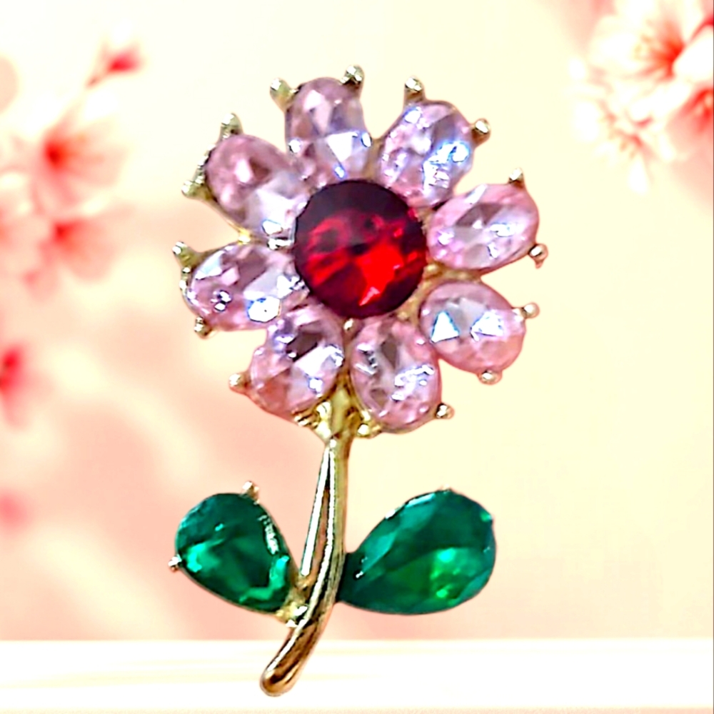 Pink Rhinestone Flower Brooch